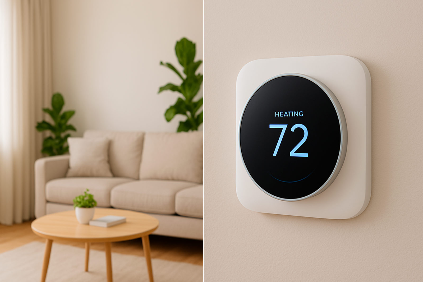 A modern smart thermostat displaying "HEATING 72" on a wall, with a cozy living room featuring a beige couch and plants in the background.