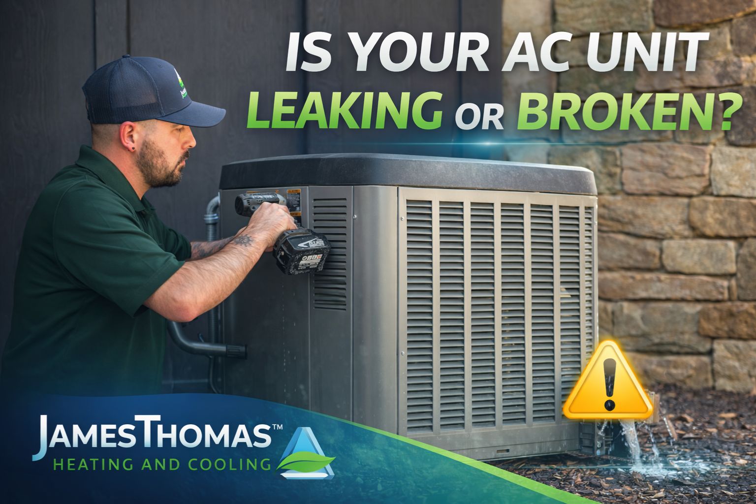 HVAC technician inspecting a leaking AC unit with warning icon and JamesThomas logo.