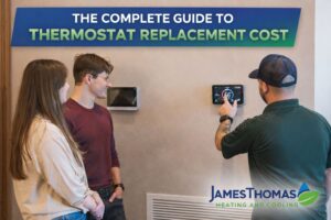 HVAC technician adjusting a smart thermostat with a couple observing, featuring the title 'THE COMPLETE GUIDE TO THERMOSTAT REPLACEMENT COST'