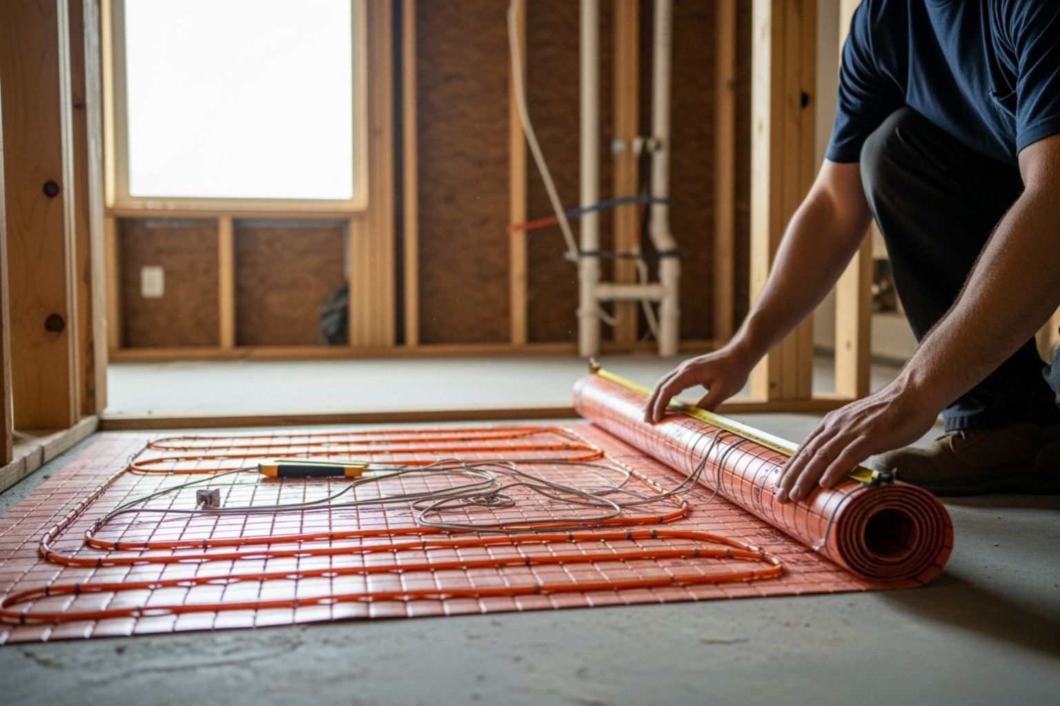 Electric heating mat being rolled out in a bathroom during renovation - radiant floor heating