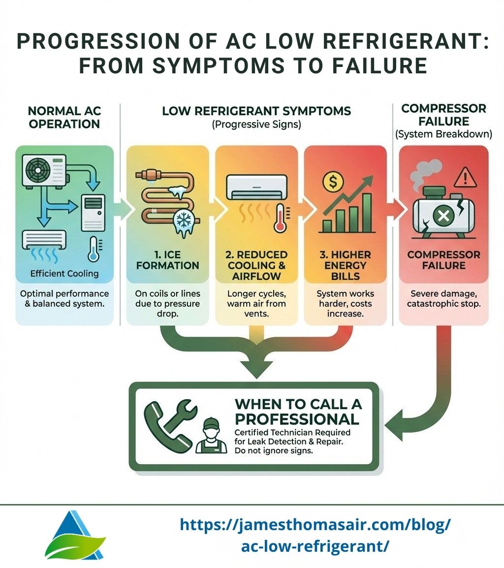 infographic showing the progression from normal AC operation to symptoms of low refrigerant including