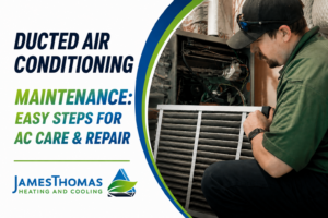 HVAC technician performing ducted air conditioning maintenance, replacing or inspecting air filters for optimal AC performance and energy efficiency.