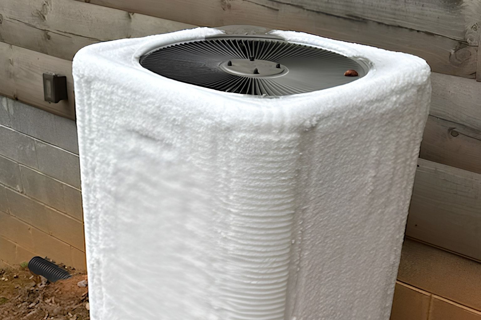 Frozen outdoor air conditioning unit covered in frost, illustrating common AC problems and maintenance issues to prevent system freeze and ensure efficient cooling.