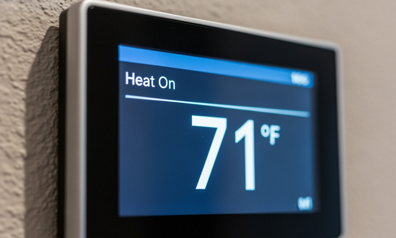 Close-up of a modern digital thermostat displaying 71°F with the heating mode on, illustrating home HVAC temperature control and energy management.