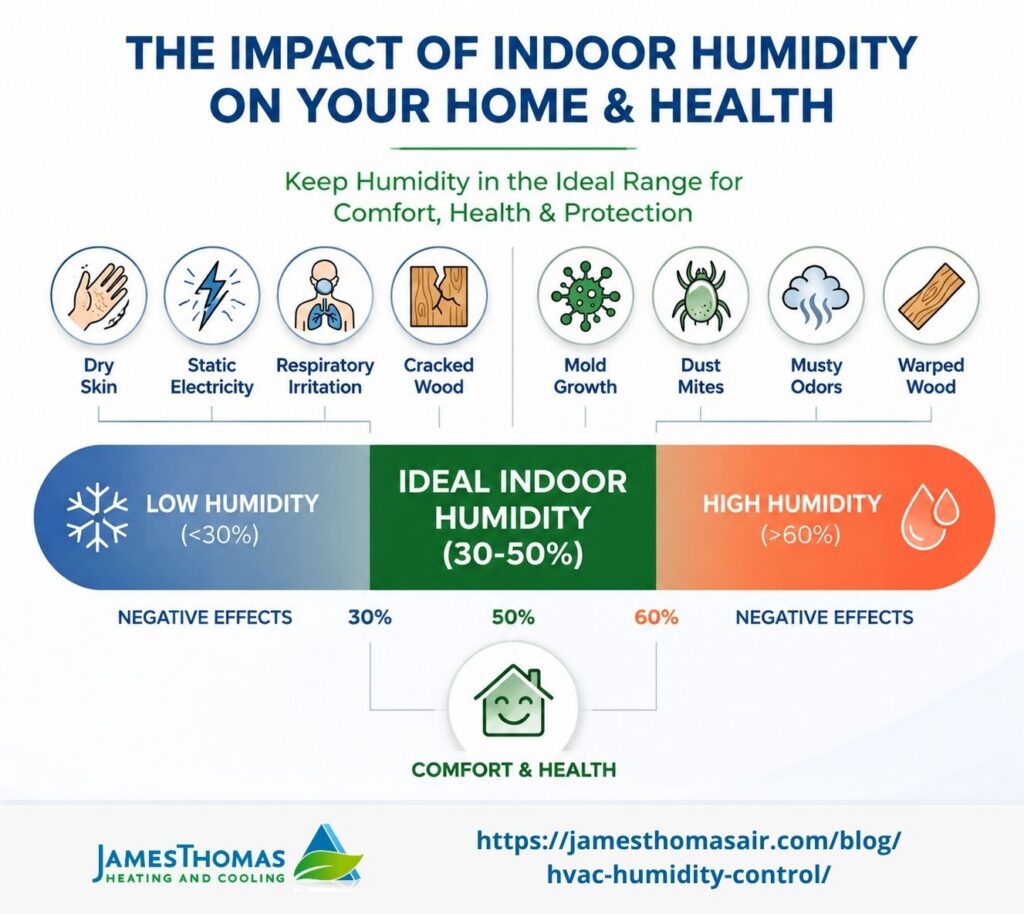 Indoor humidity impact on home and health infographic showing low (60%) humidity effects on comfort, health, mold growth, dust mites, musty odors, cracked and warped wood, from James Thomas Heating and Cooling.