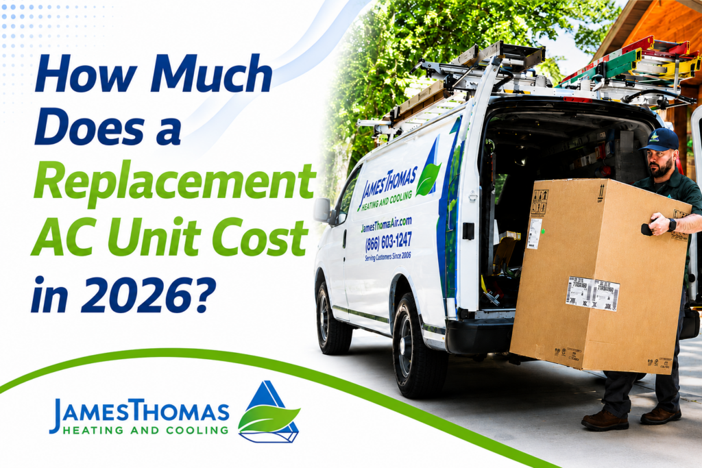 James Thomas technician unloading a replacement AC unit from a branded HVAC van for a 2026 air conditioner cost guide.