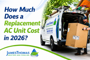 James Thomas technician unloading a replacement AC unit from a branded HVAC van for a 2026 air conditioner cost guide.